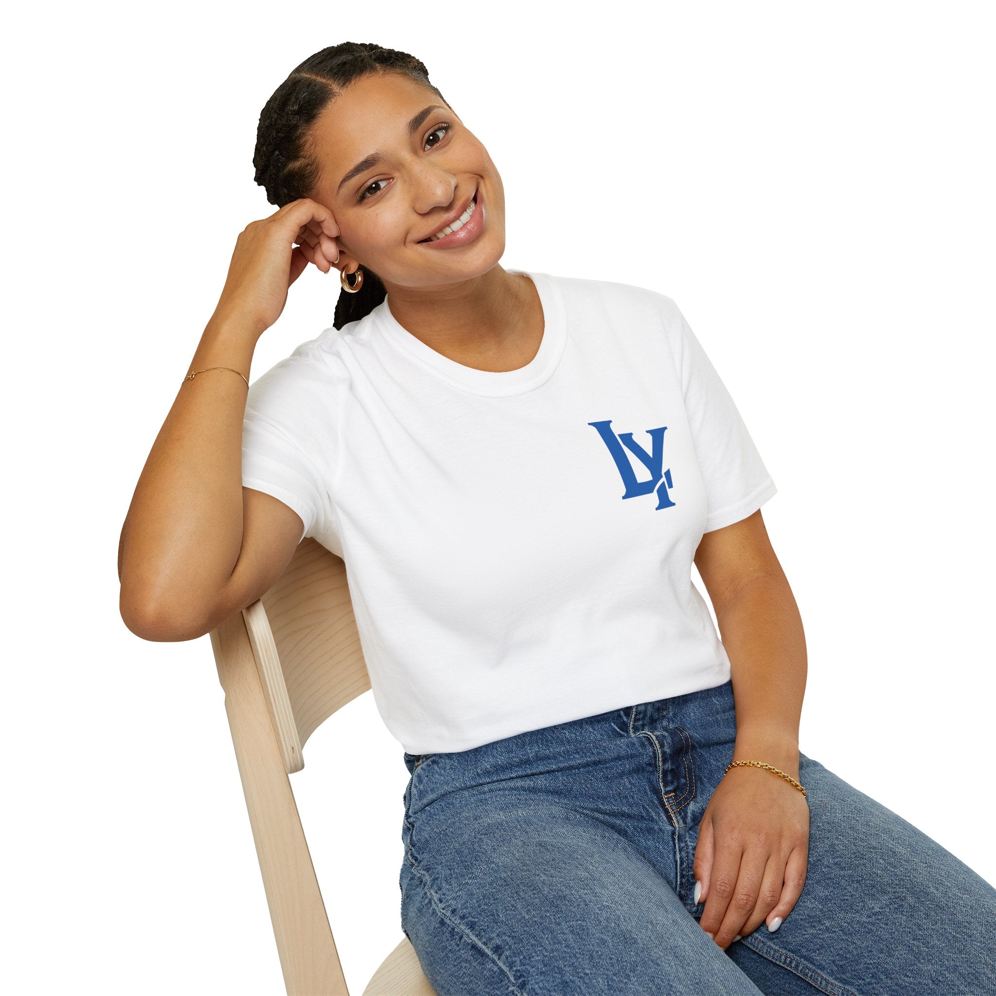 Minimalist Unisex Softstyle T-Shirt with Bold Blue Lettering, Casual Wear, Gift for Her, Everyday Apparel, Stylish Statement Tee