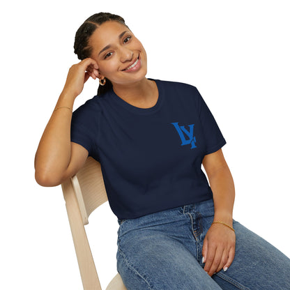 Minimalist Unisex Softstyle T-Shirt with Bold Blue Lettering, Casual Wear, Gift for Her, Everyday Apparel, Stylish Statement Tee