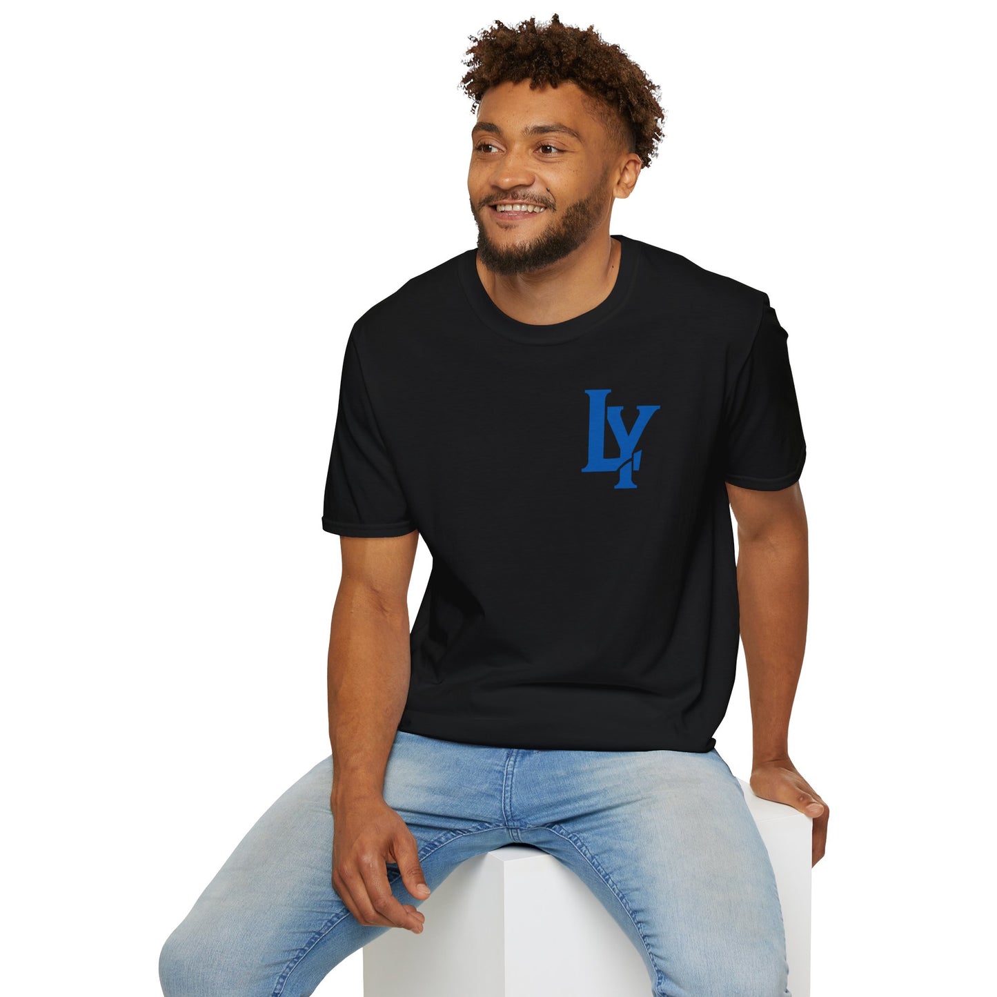 Minimalist Unisex Softstyle T-Shirt with Bold Blue Lettering, Casual Wear, Gift for Her, Everyday Apparel, Stylish Statement Tee