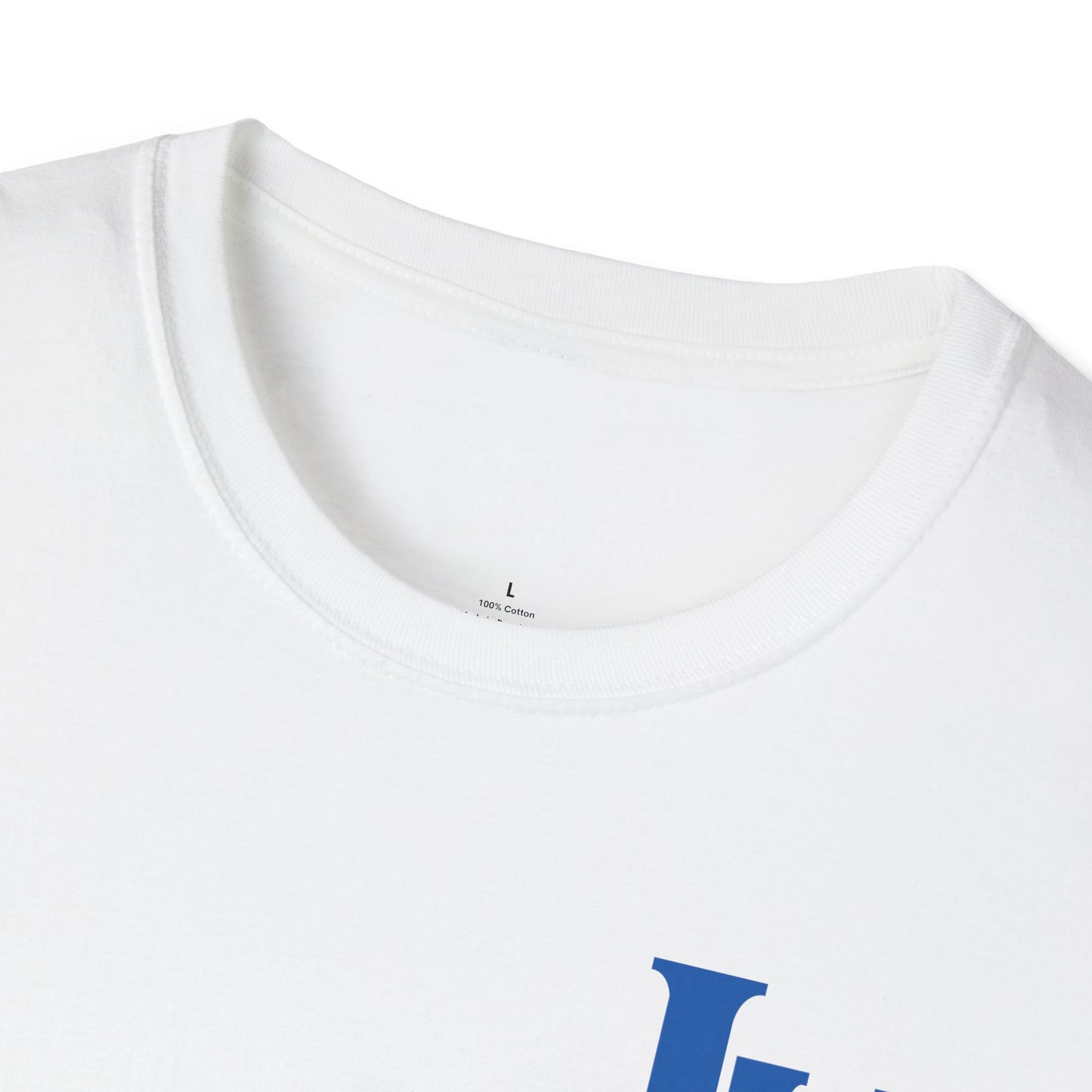 Minimalist Unisex Softstyle T-Shirt with Bold Blue Lettering, Casual Wear, Gift for Her, Everyday Apparel, Stylish Statement Tee