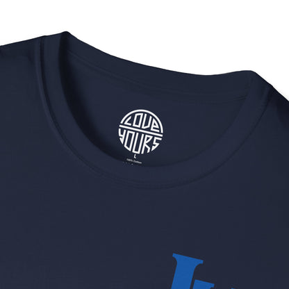 Minimalist Unisex Softstyle T-Shirt with Bold Blue Lettering, Casual Wear, Gift for Her, Everyday Apparel, Stylish Statement Tee