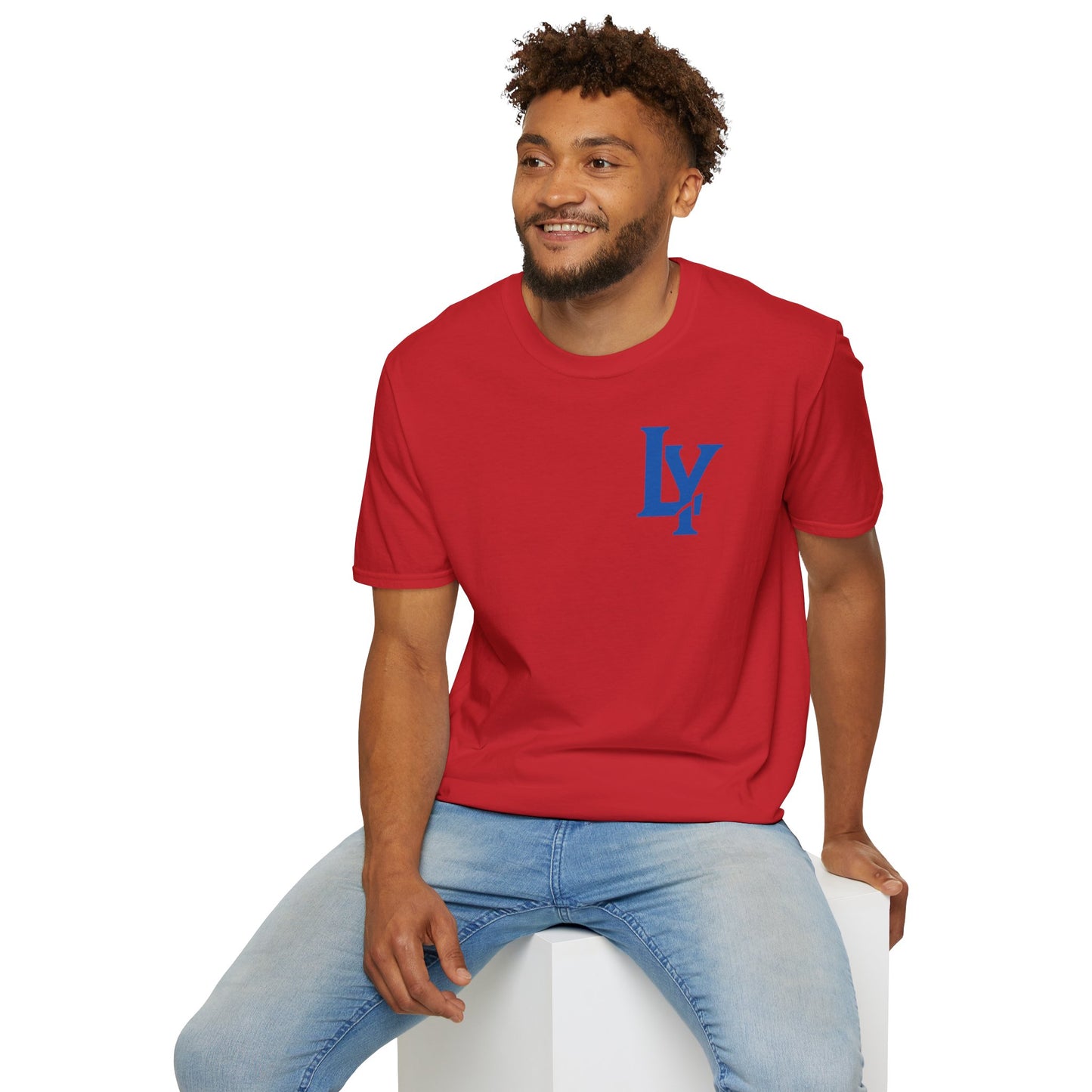 Minimalist Unisex Softstyle T-Shirt with Bold Blue Lettering, Casual Wear, Gift for Her, Everyday Apparel, Stylish Statement Tee